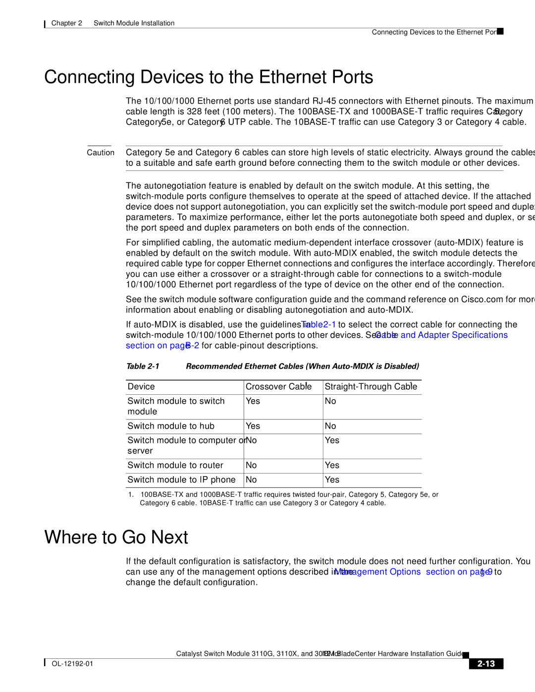 Cisco Systems 3012, 3110X, 3110G manual Connecting Devices to the Ethernet Ports, Where to Go Next, Device Crossover Cable 