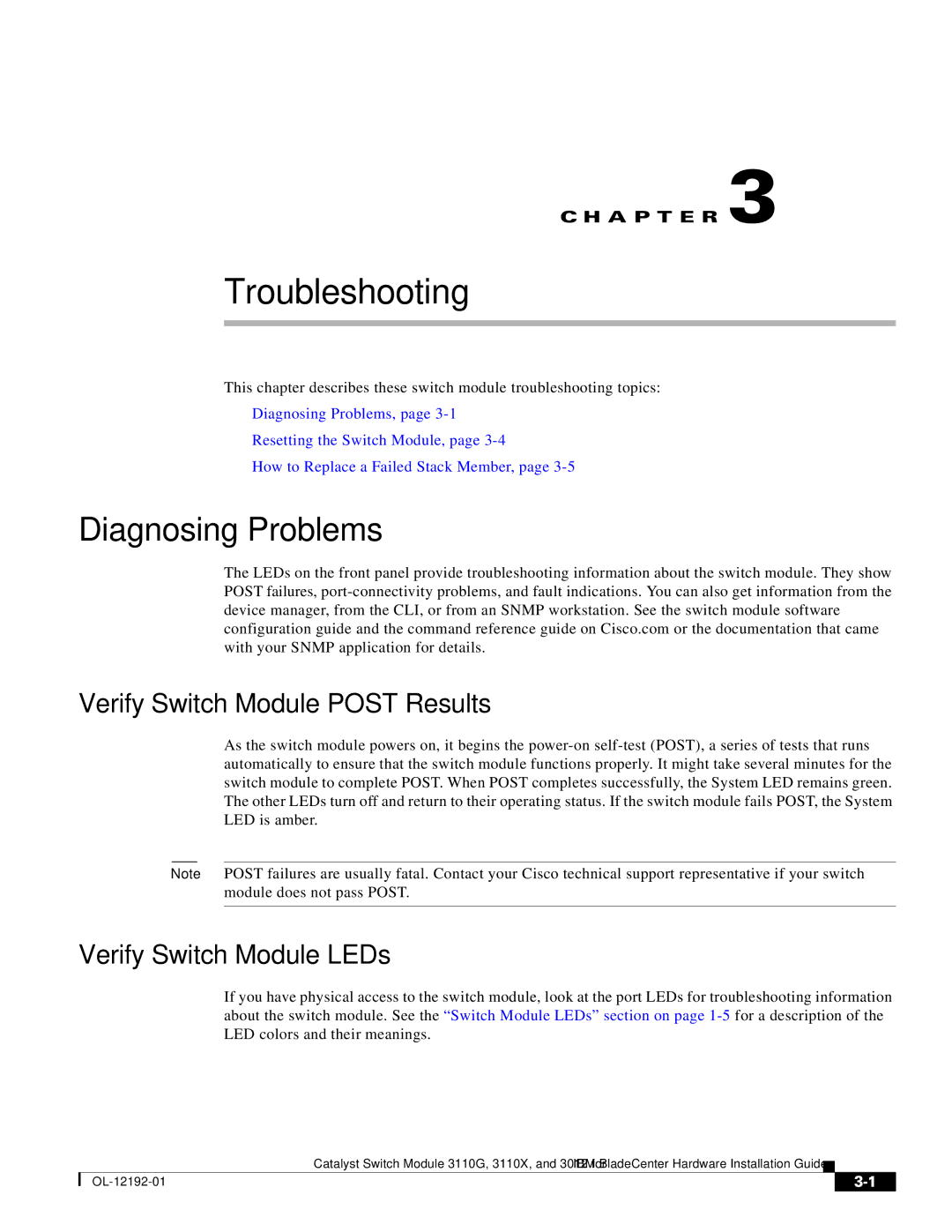 Cisco Systems 3110G Troubleshooting, Diagnosing Problems, Verify Switch Module Post Results, Verify Switch Module LEDs 