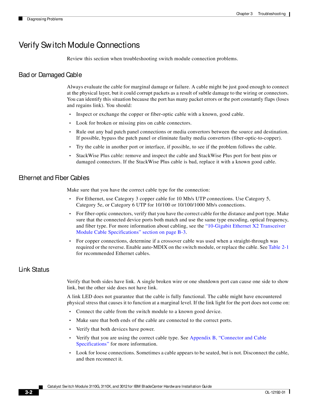 Cisco Systems 3012, 3110X Verify Switch Module Connections, Bad or Damaged Cable, Ethernet and Fiber Cables, Link Status 