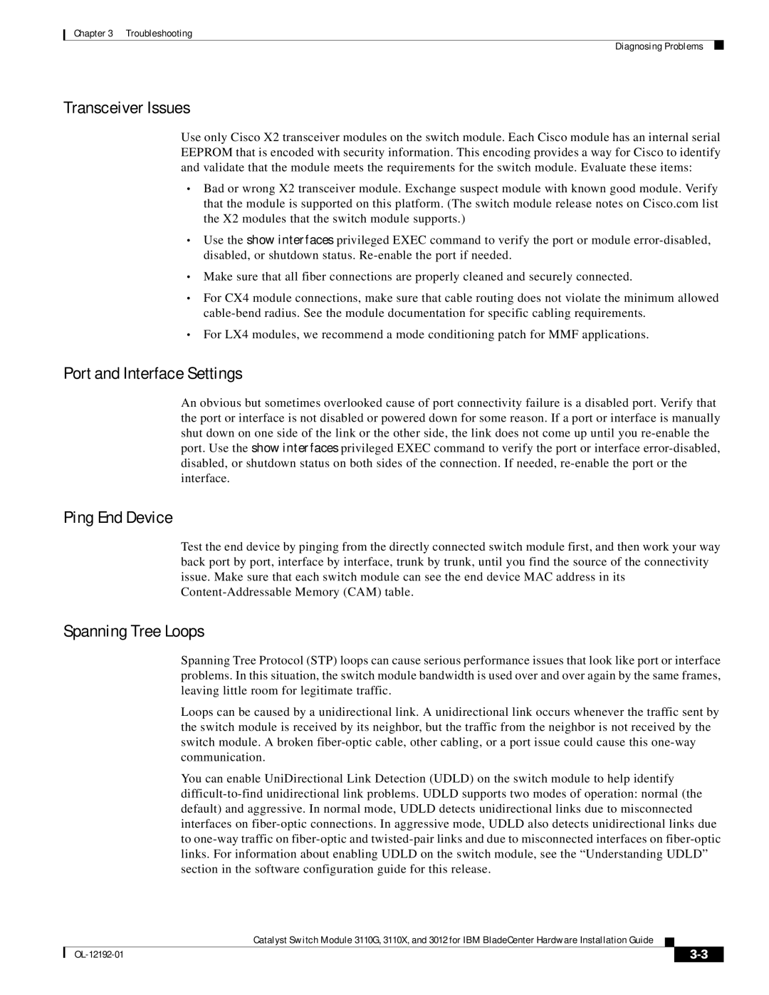 Cisco Systems 3110X, 3110G, 3012 manual Transceiver Issues, Port and Interface Settings, Ping End Device, Spanning Tree Loops 