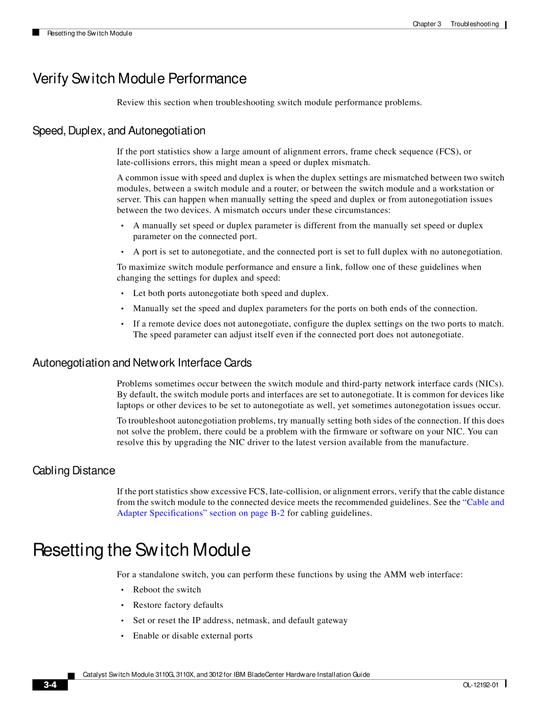 Cisco Systems 3110G Resetting the Switch Module, Verify Switch Module Performance, Speed, Duplex, and Autonegotiation 