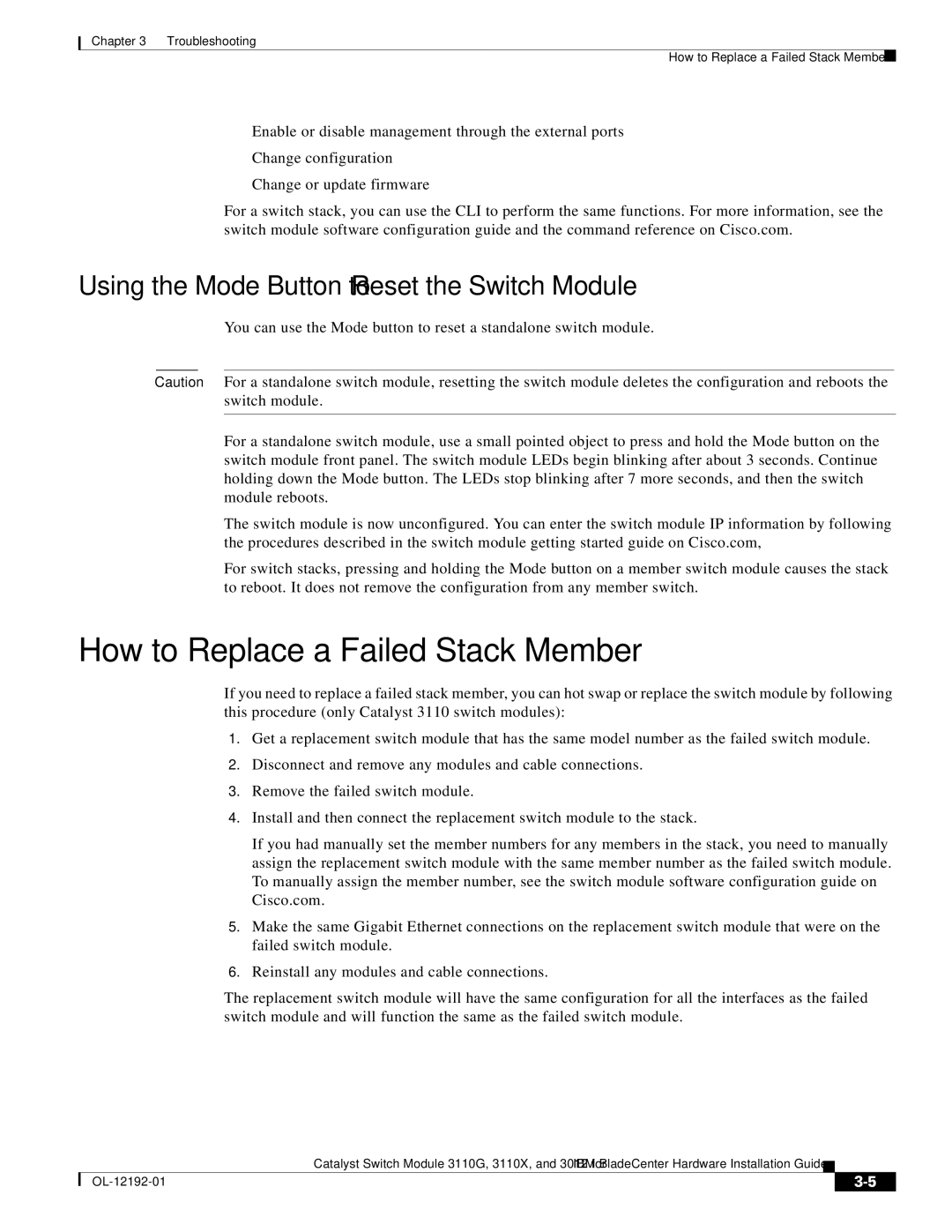 Cisco Systems 3012, 3110X, 3110G How to Replace a Failed Stack Member, Using the Mode Button to Reset the Switch Module 