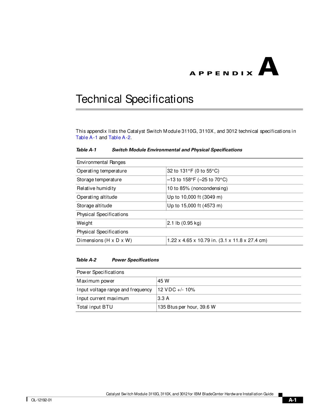 Cisco Systems 3110G, 3110X Technical Specifications, Environmental Ranges, Physical Specifications, Power Specifications 