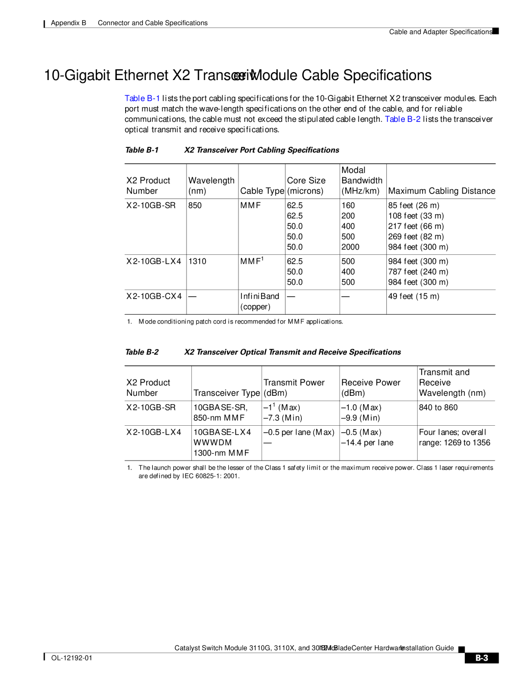 Cisco Systems 3012, 3110X, 3110G manual Gigabit Ethernet X2 Transceiver Module Cable Specifications 