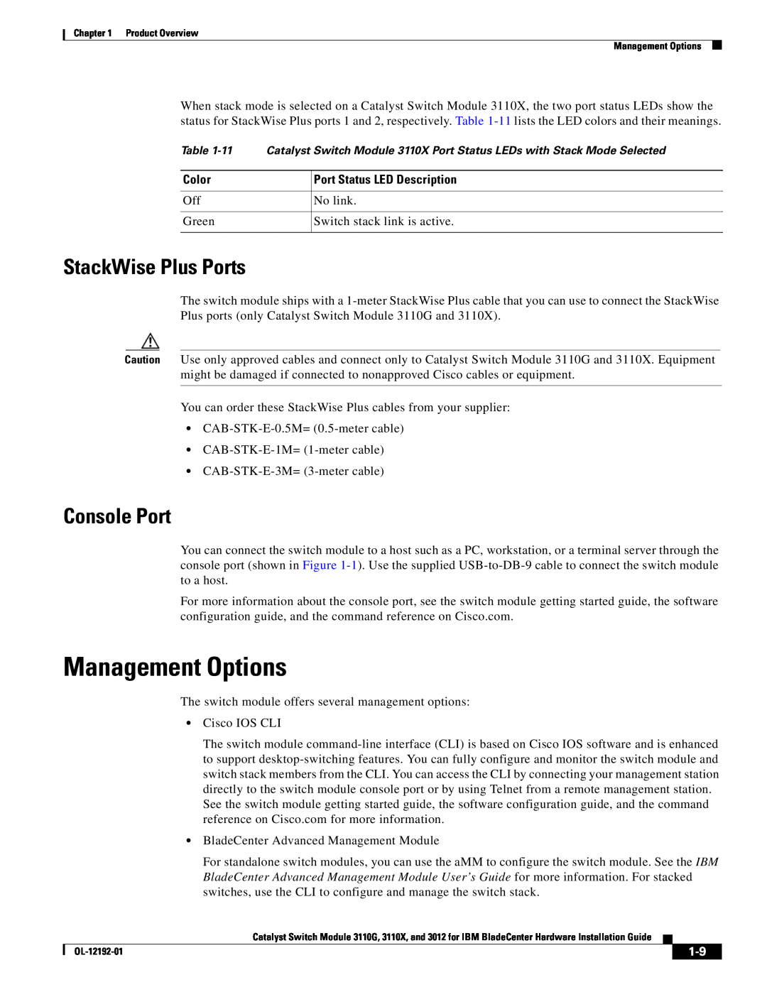 Cisco Systems 3110X, 3110G, 3012 Management Options, StackWise Plus Ports, Console Port, Port Status LED Description, Color 