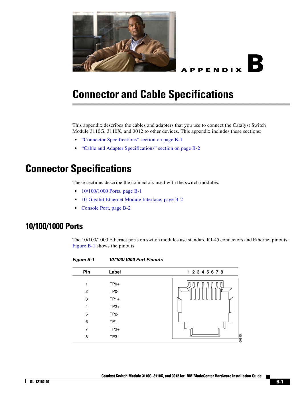Cisco Systems 3110X Connector and Cable Specifications, Connector Specifications, 10/100/1000 Ports, A P P E N D I X B 