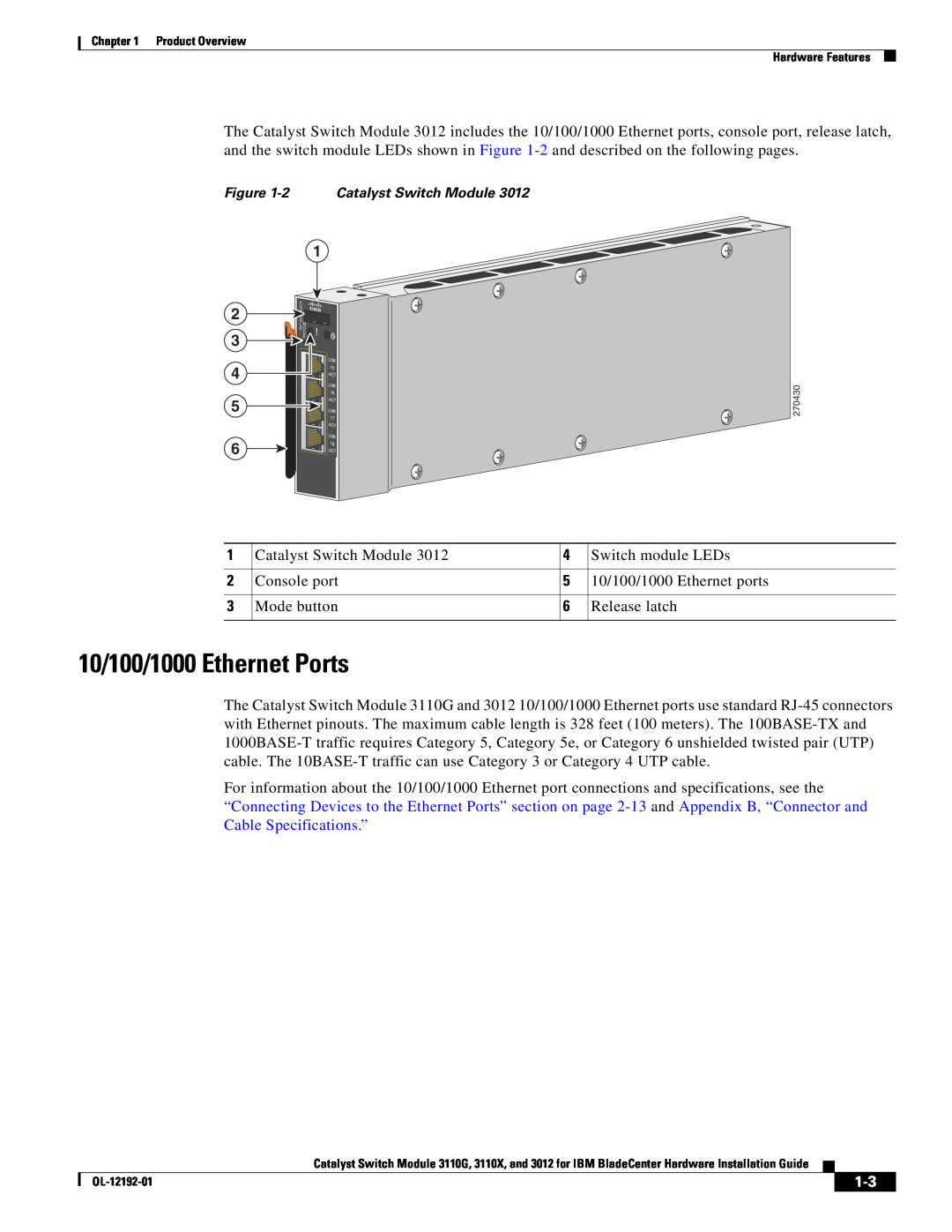 Cisco Systems 3110X 10/100/1000 Ethernet Ports, 2 Catalyst Switch Module, Product Overview Hardware Features, OL-12192-01 