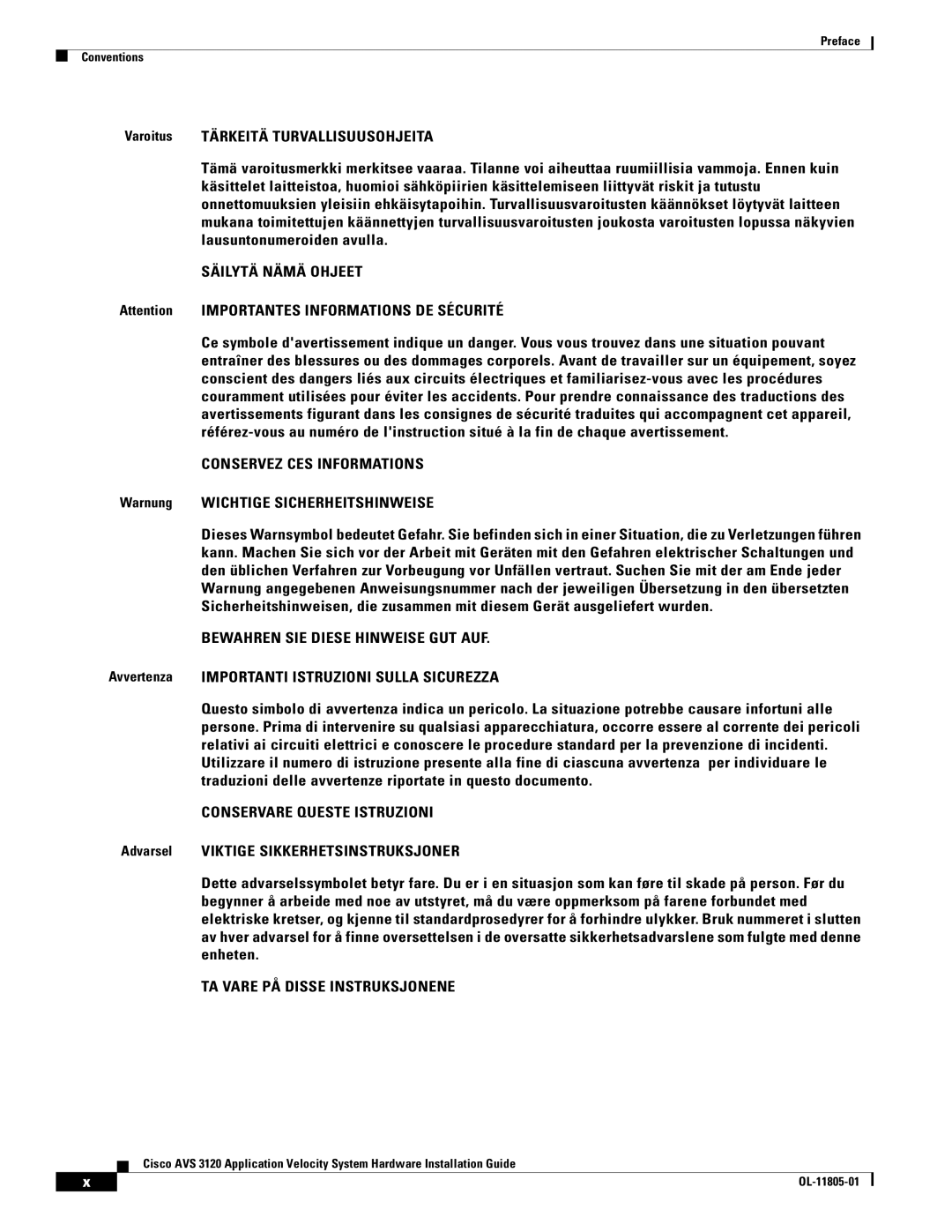 Cisco Systems 3120 manual Warnung Wichtige Sicherheitshinweise, Avvertenza Importanti Istruzioni Sulla Sicurezza 