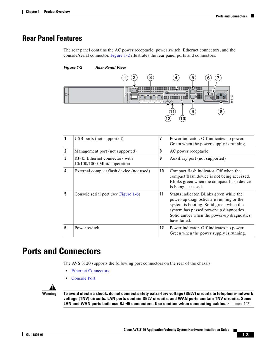 Cisco Systems 3120 manual Ports and Connectors, Rear Panel Features 