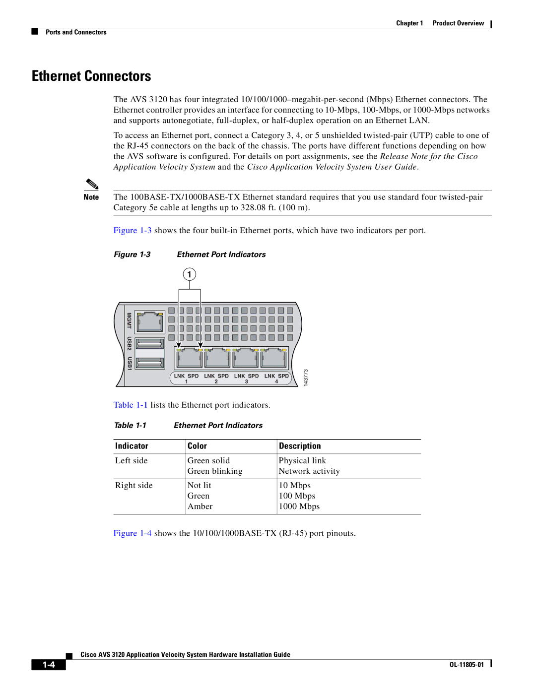 Cisco Systems 3120 manual Ethernet Connectors, Indicator Color Description 