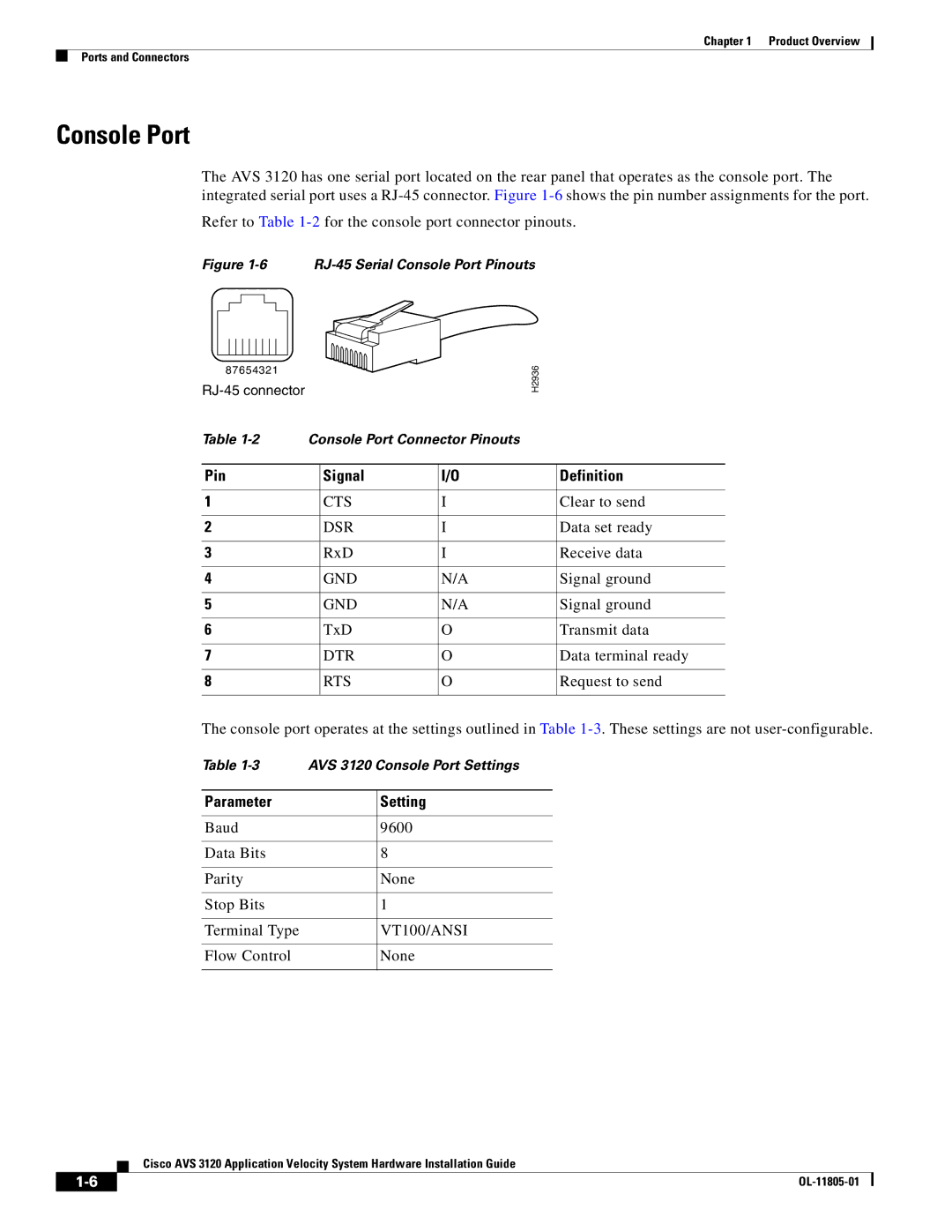 Cisco Systems 3120 manual Console Port, Pin Signal Definition, Parameter Setting 