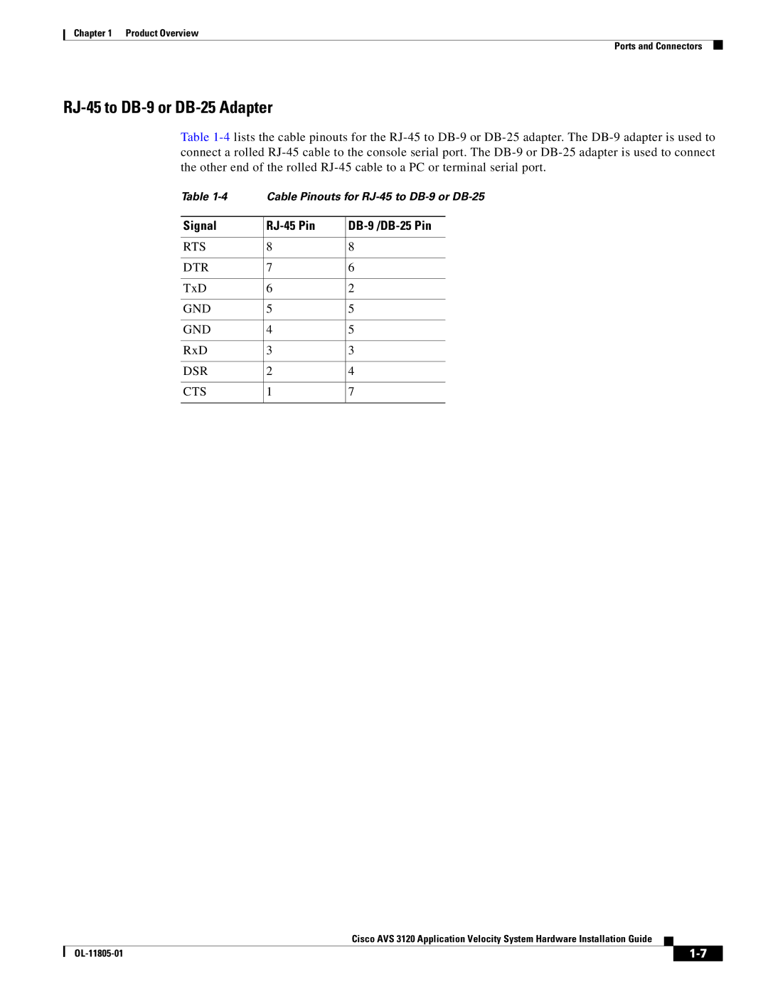 Cisco Systems 3120 manual RJ-45 to DB-9 or DB-25 Adapter, Signal RJ-45 Pin DB-9 /DB-25 Pin 