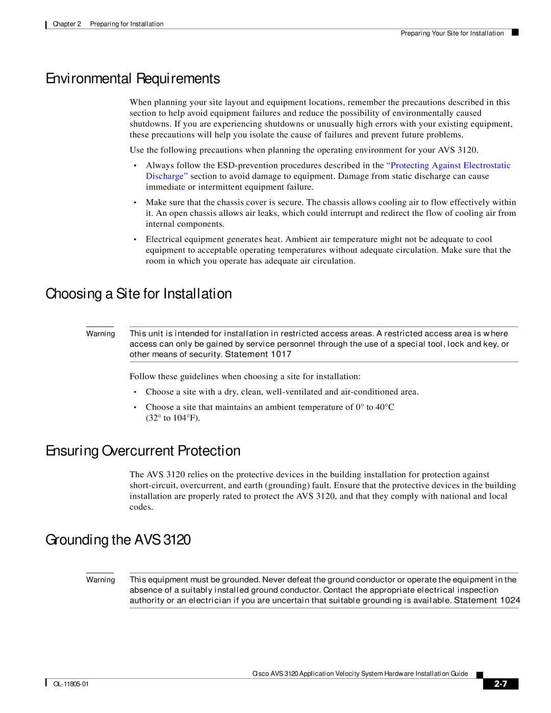 Cisco Systems 3120 manual Environmental Requirements, Choosing a Site for Installation, Ensuring Overcurrent Protection 