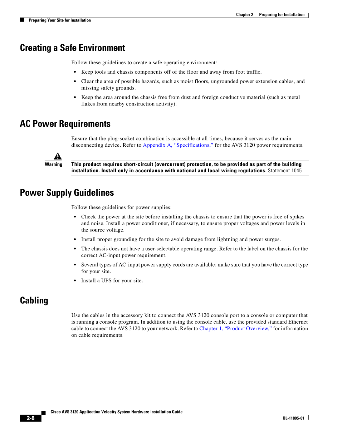 Cisco Systems 3120 manual Creating a Safe Environment, AC Power Requirements, Power Supply Guidelines, Cabling 