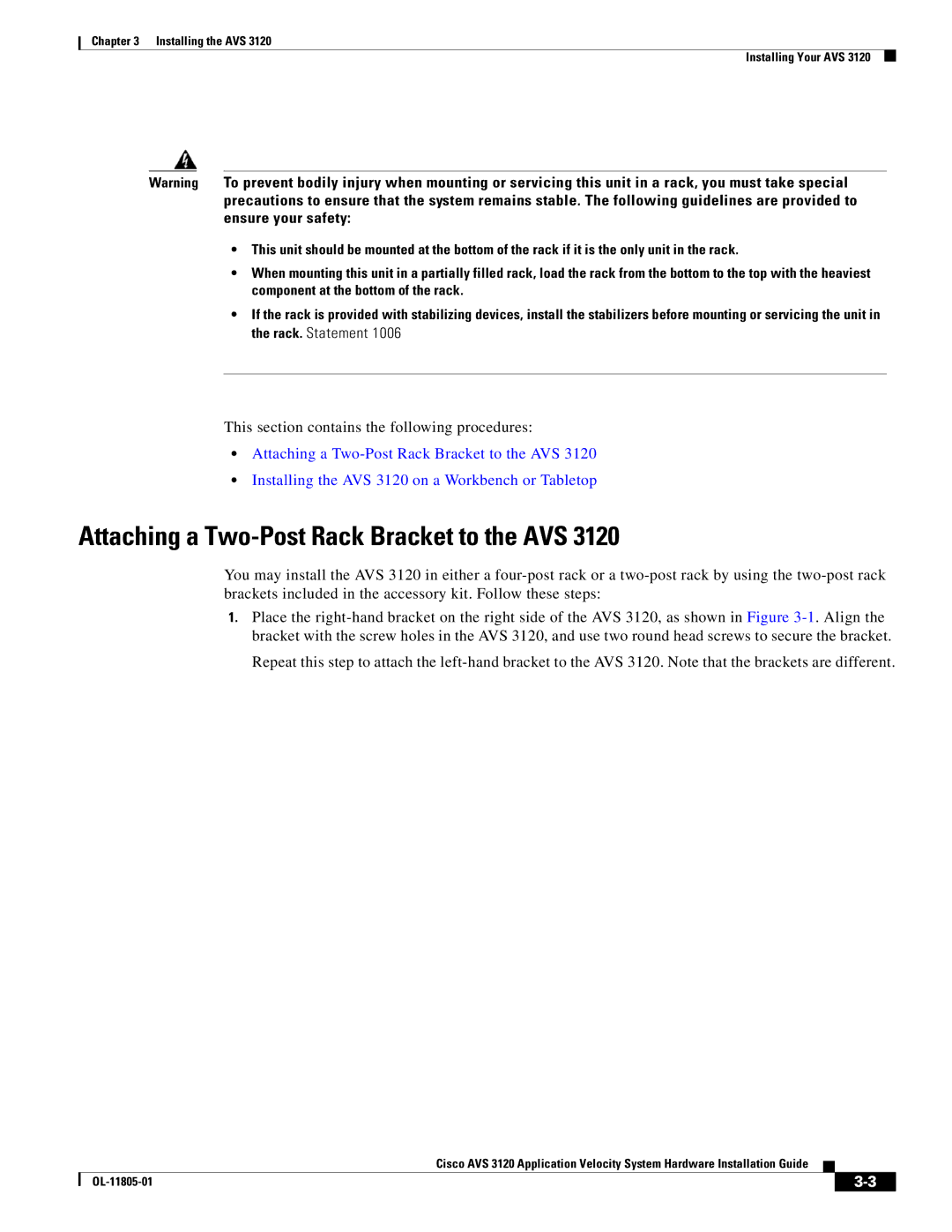 Cisco Systems 3120 manual Attaching a Two-Post Rack Bracket to the AVS 