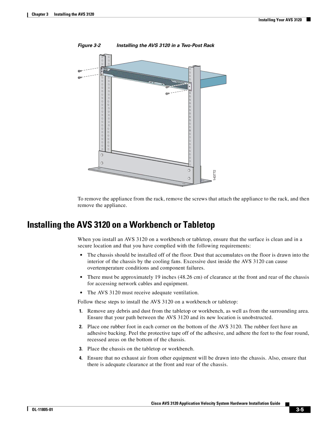 Cisco Systems manual Installing the AVS 3120 on a Workbench or Tabletop, Installing the AVS 3120 in a Two-Post Rack 