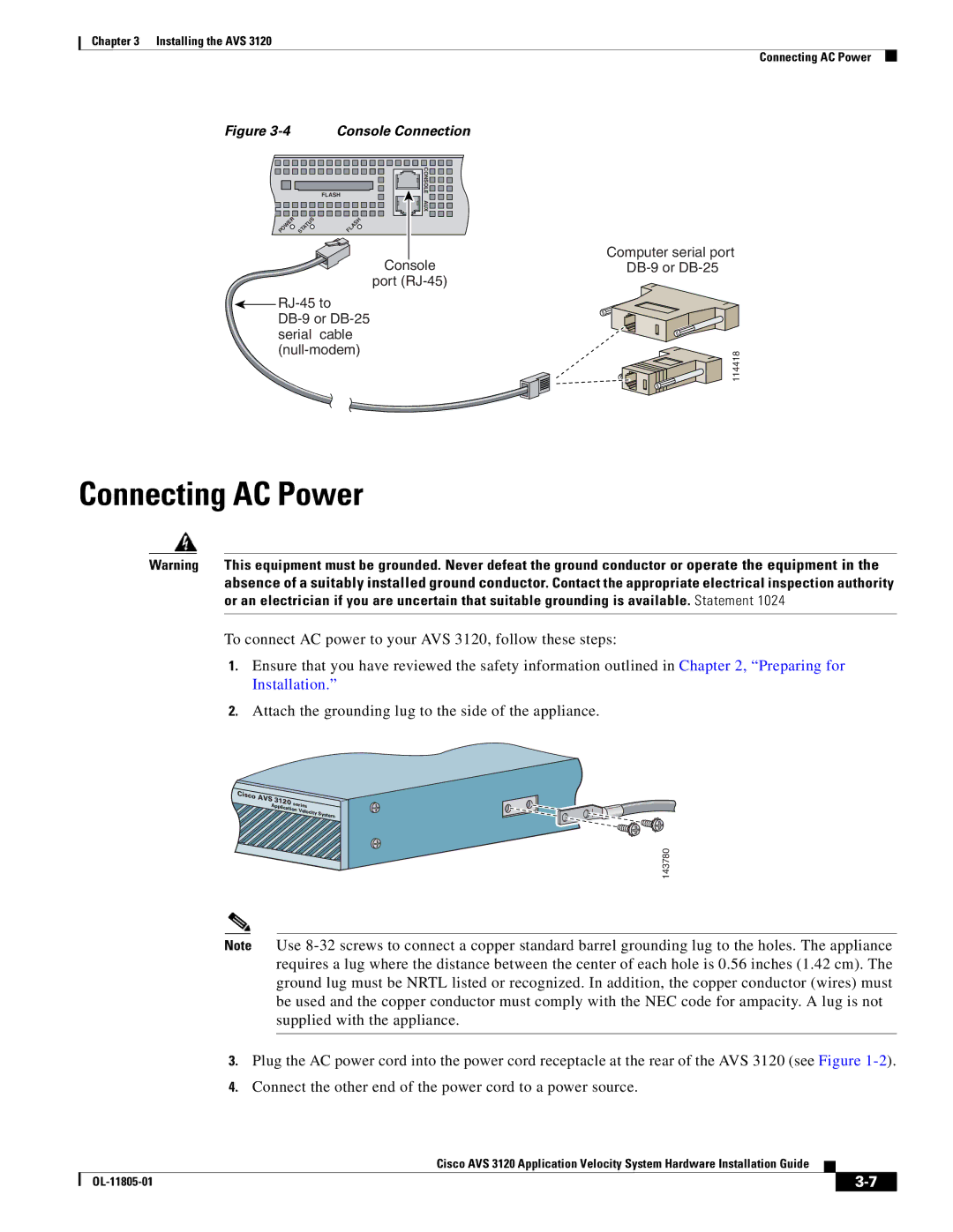 Cisco Systems 3120 manual Connecting AC Power, Console Connection 