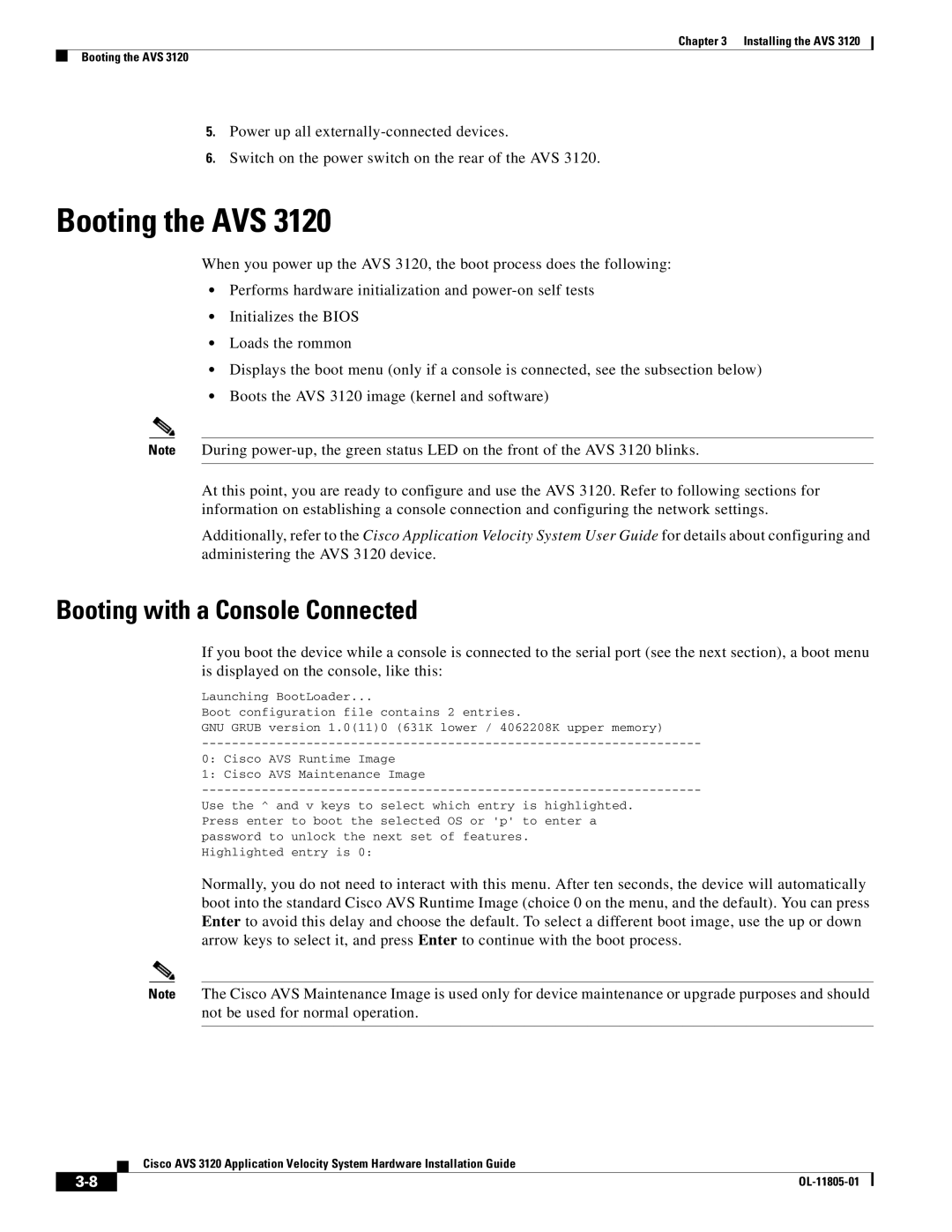 Cisco Systems 3120 manual Booting the AVS, Booting with a Console Connected 