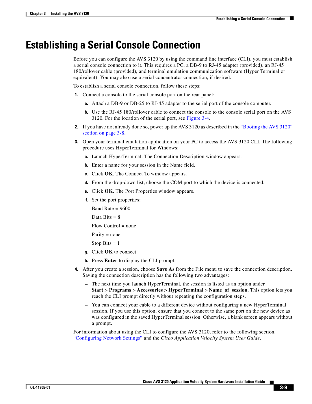 Cisco Systems 3120 manual Establishing a Serial Console Connection 