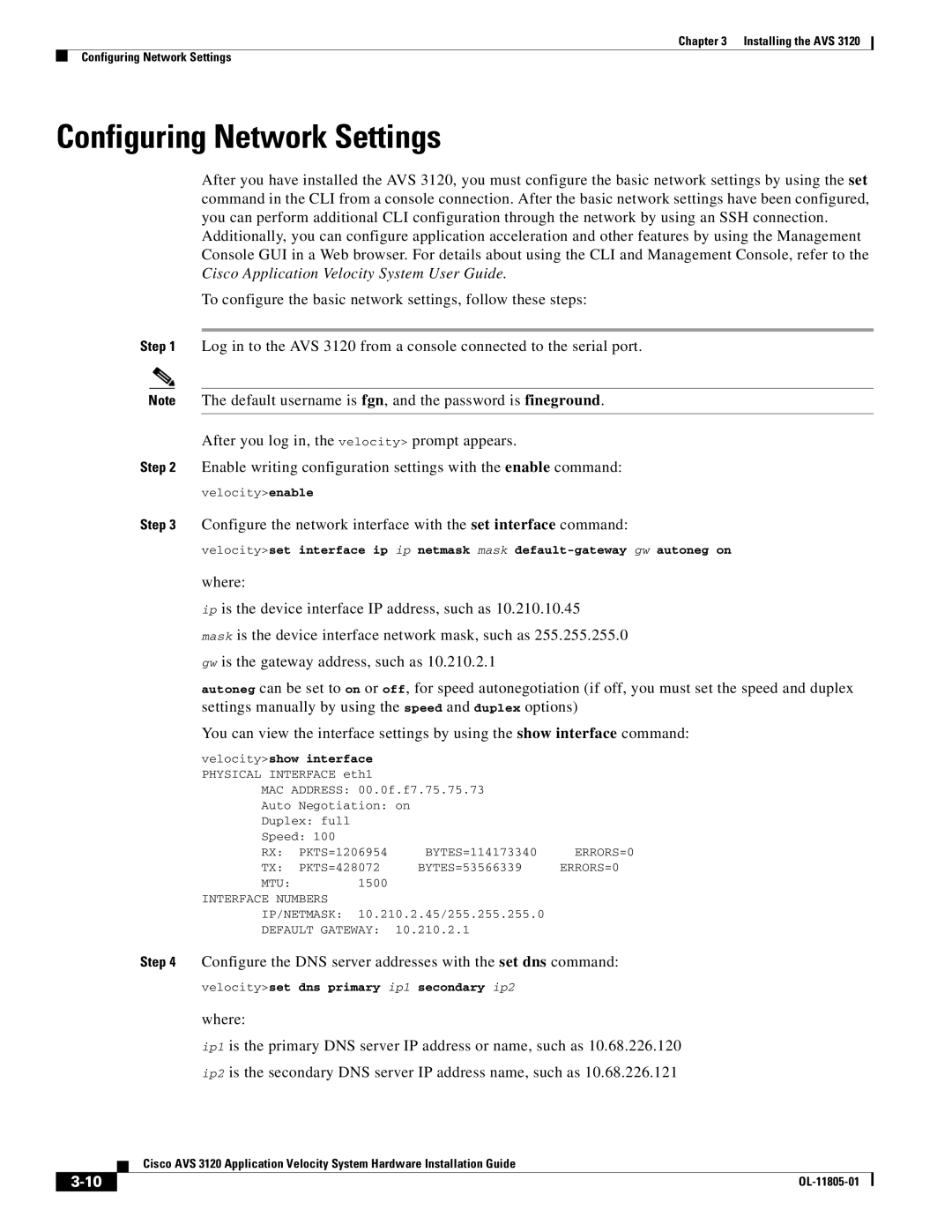 Cisco Systems 3120 manual Configuring Network Settings, Velocityshow interface 