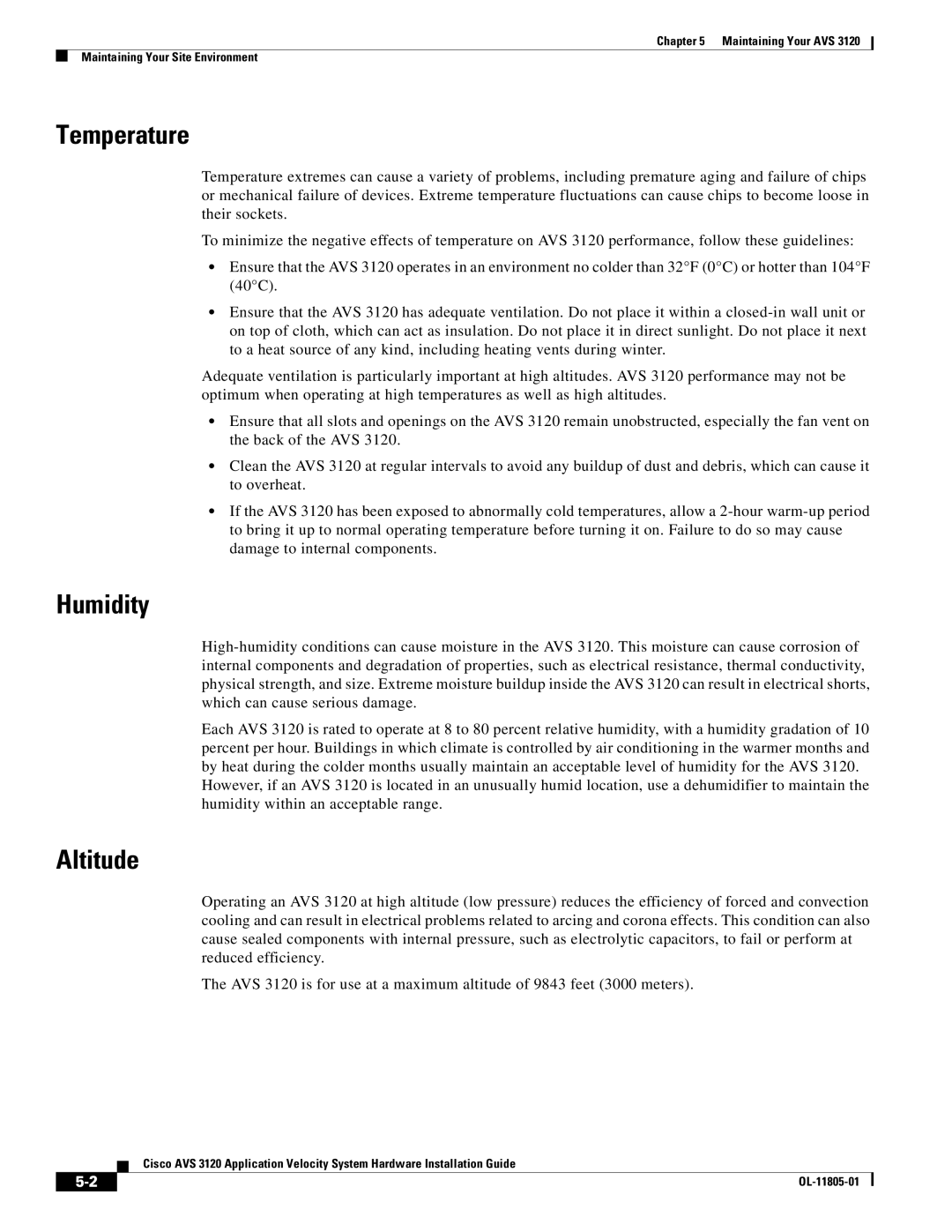 Cisco Systems 3120 manual Temperature, Humidity, Altitude 