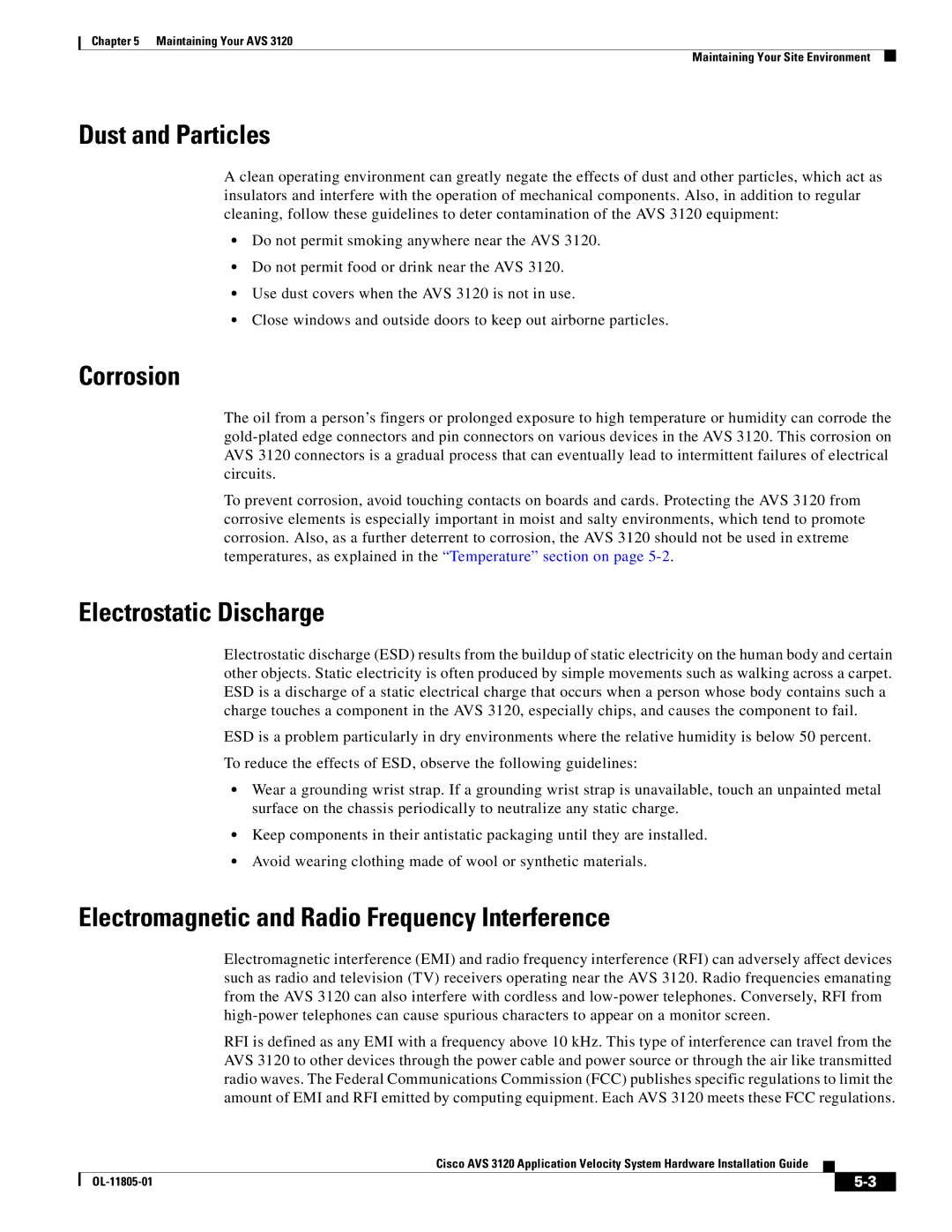 Cisco Systems 3120 manual Dust and Particles, Corrosion, Electrostatic Discharge 