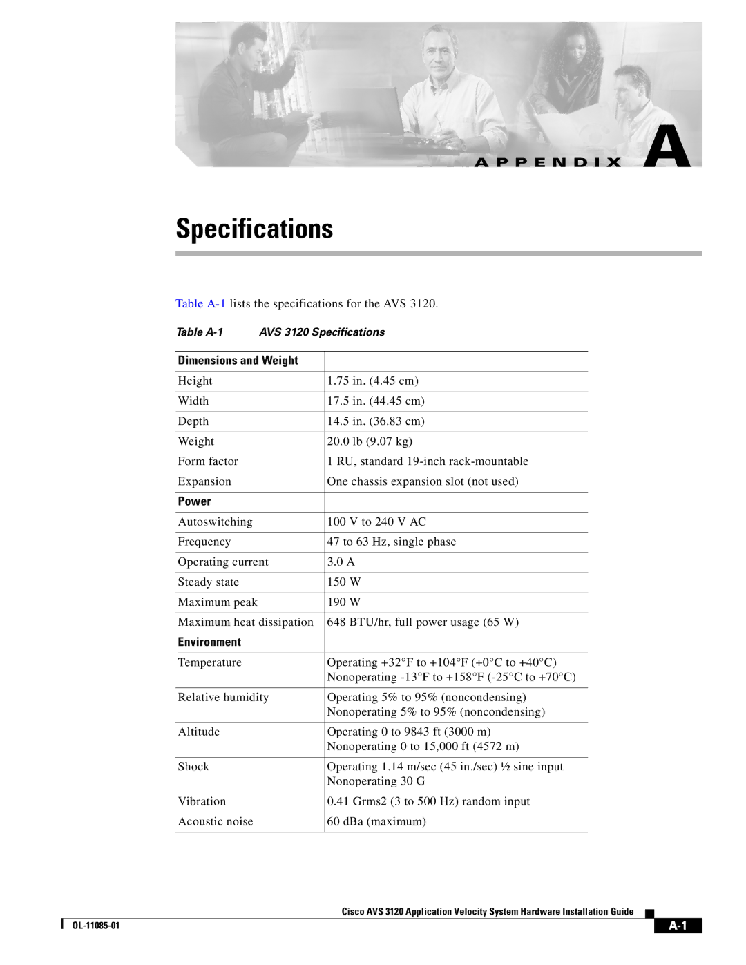 Cisco Systems 3120 manual Specifications, Dimensions and Weight, Power, Environment 