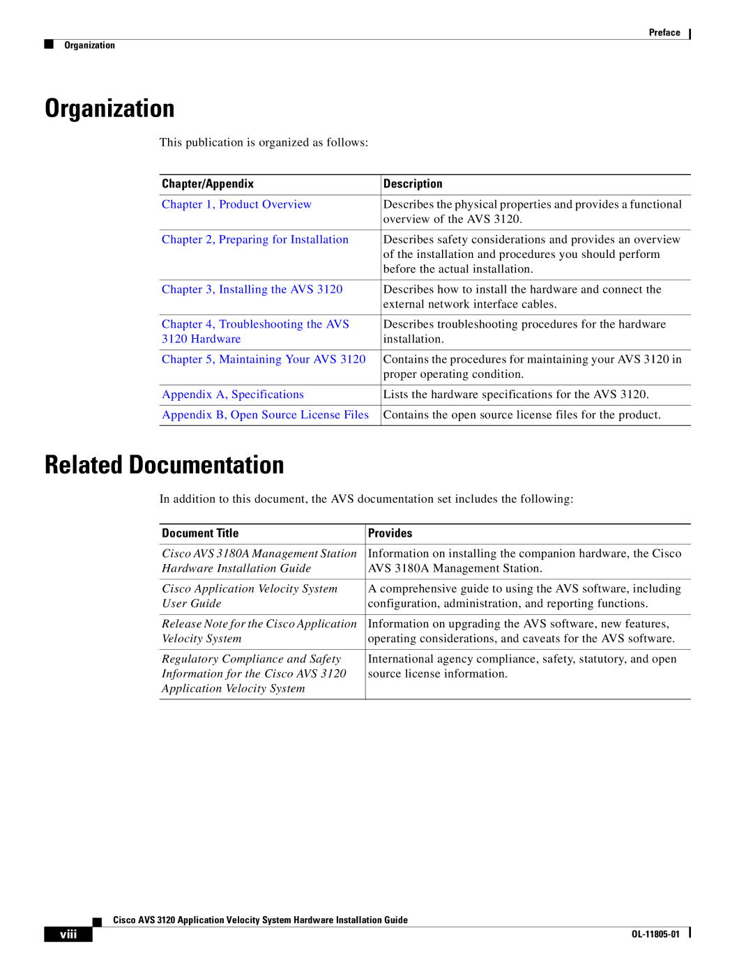 Cisco Systems 3120 manual Organization, Related Documentation, Chapter/Appendix Description 