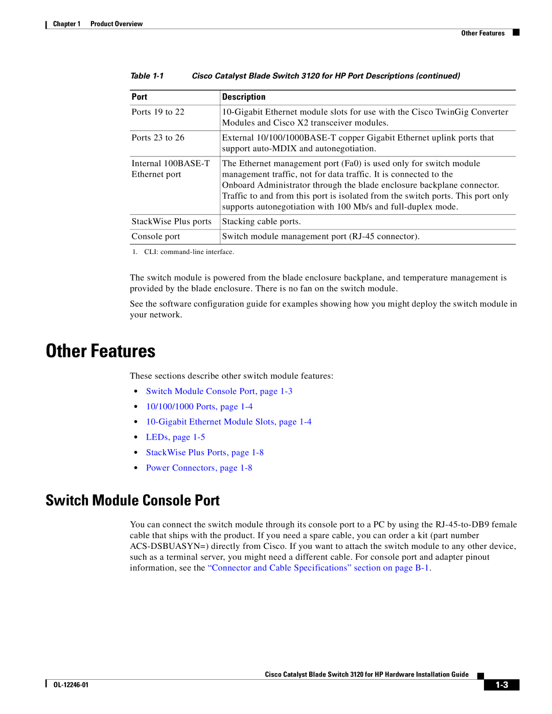 Cisco Systems 3120 manual Other Features, Switch Module Console Port 