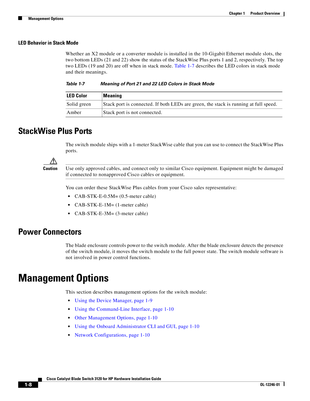 Cisco Systems 3120 manual Management Options, StackWise Plus Ports, Power Connectors 