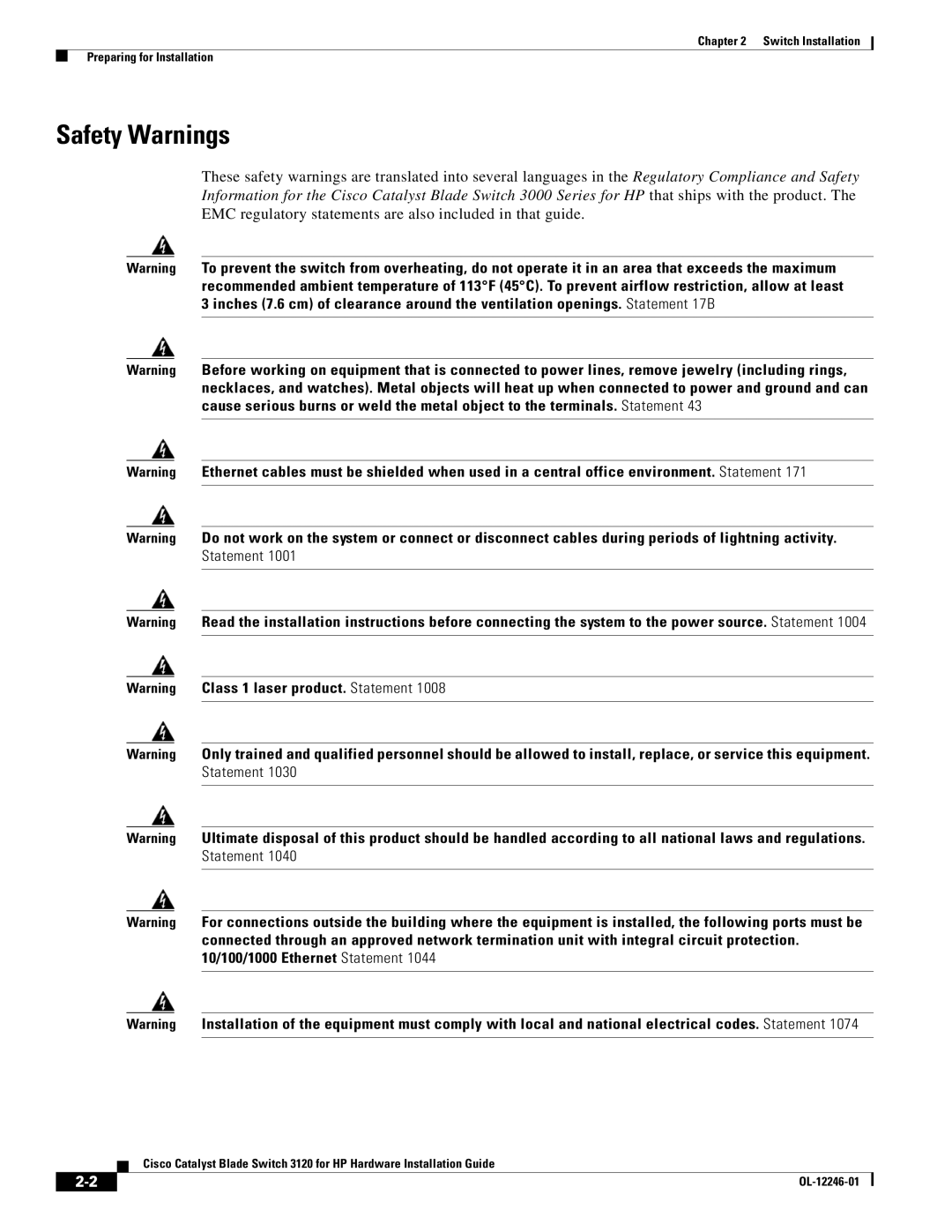 Cisco Systems 3120 manual Safety Warnings 