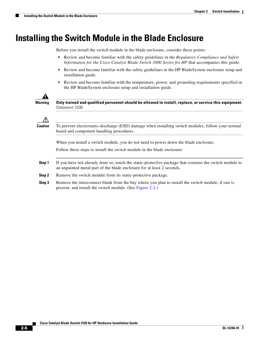 Cisco Systems 3120 manual Installing the Switch Module in the Blade Enclosure, Statement 