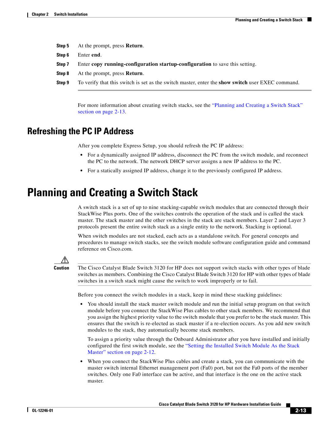 Cisco Systems 3120 manual Planning and Creating a Switch Stack, Refreshing the PC IP Address 