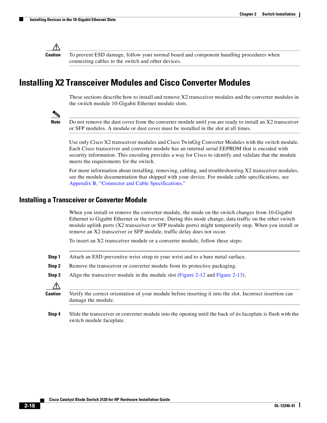 Cisco Systems 3120 manual Installing a Transceiver or Converter Module 