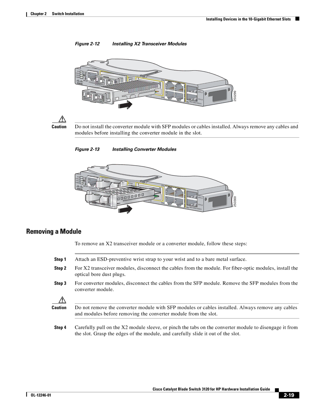 Cisco Systems 3120 manual Removing a Module, Installing X2 Transceiver Modules 