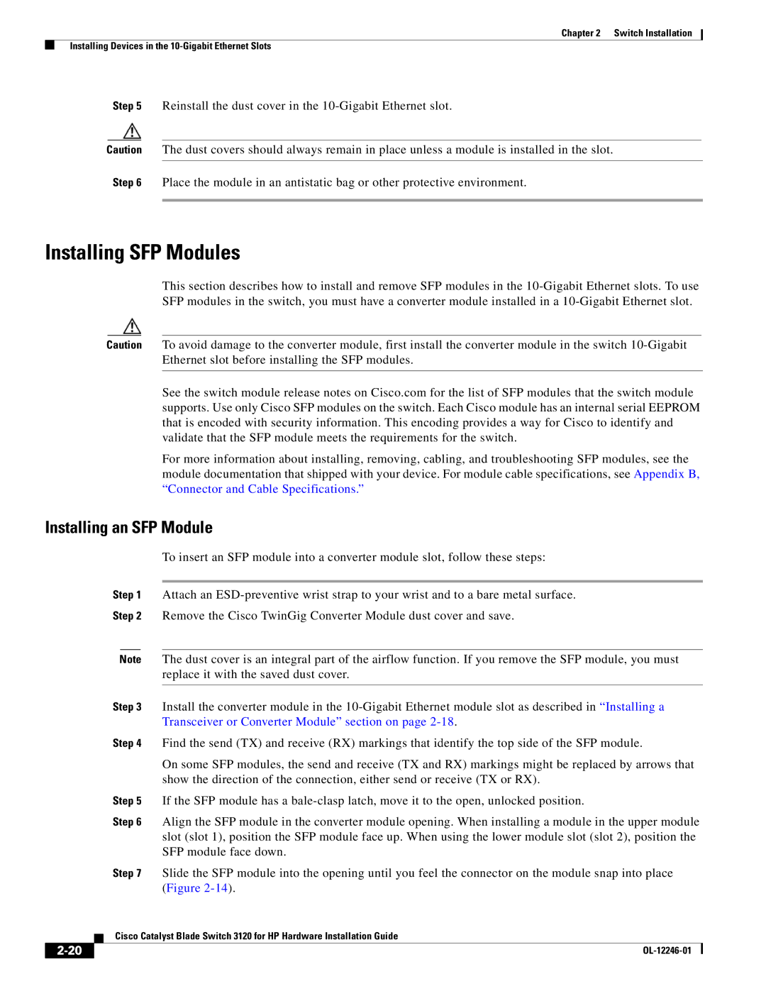 Cisco Systems 3120 manual Installing SFP Modules, Installing an SFP Module 