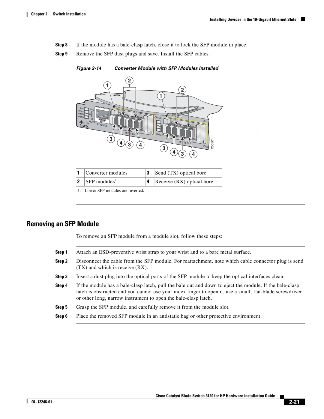 Cisco Systems 3120 manual Removing an SFP Module, Converter Module with SFP Modules Installed 