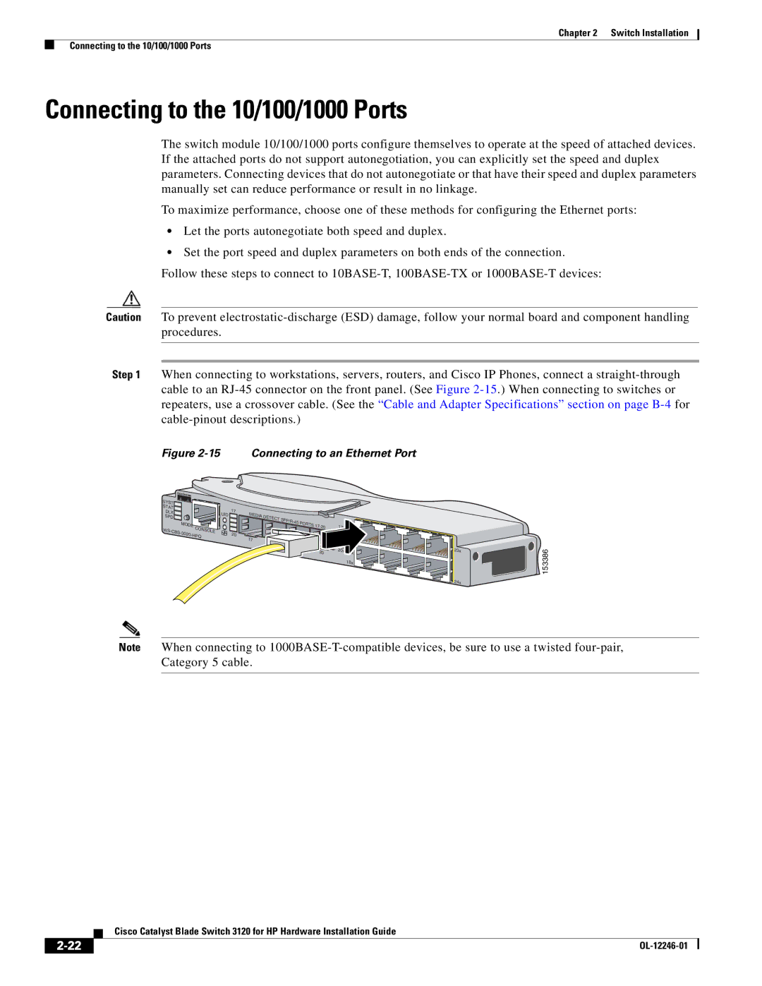 Cisco Systems 3120 manual Connecting to the 10/100/1000 Ports, Connecting to an Ethernet Port 