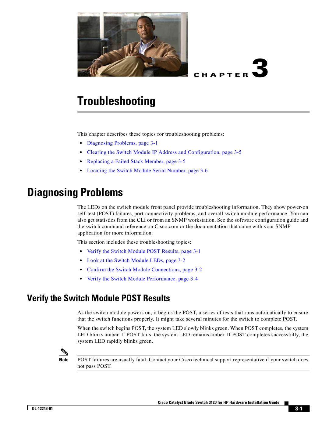 Cisco Systems 3120 manual Diagnosing Problems, Verify the Switch Module Post Results 