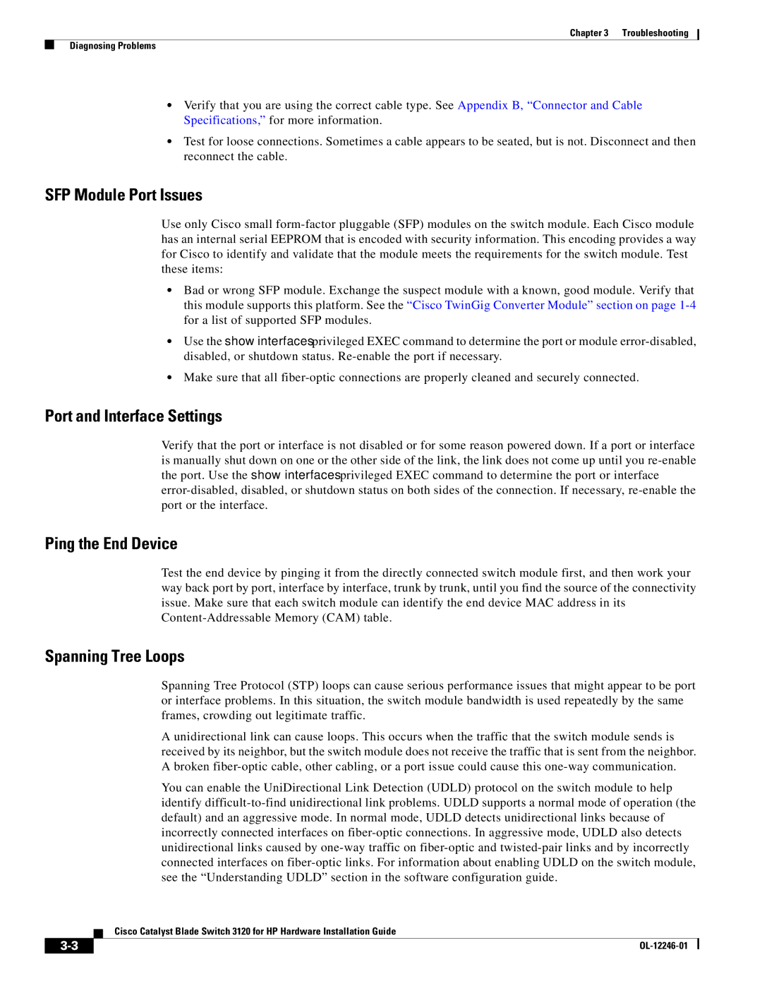 Cisco Systems 3120 manual SFP Module Port Issues, Port and Interface Settings, Ping the End Device, Spanning Tree Loops 