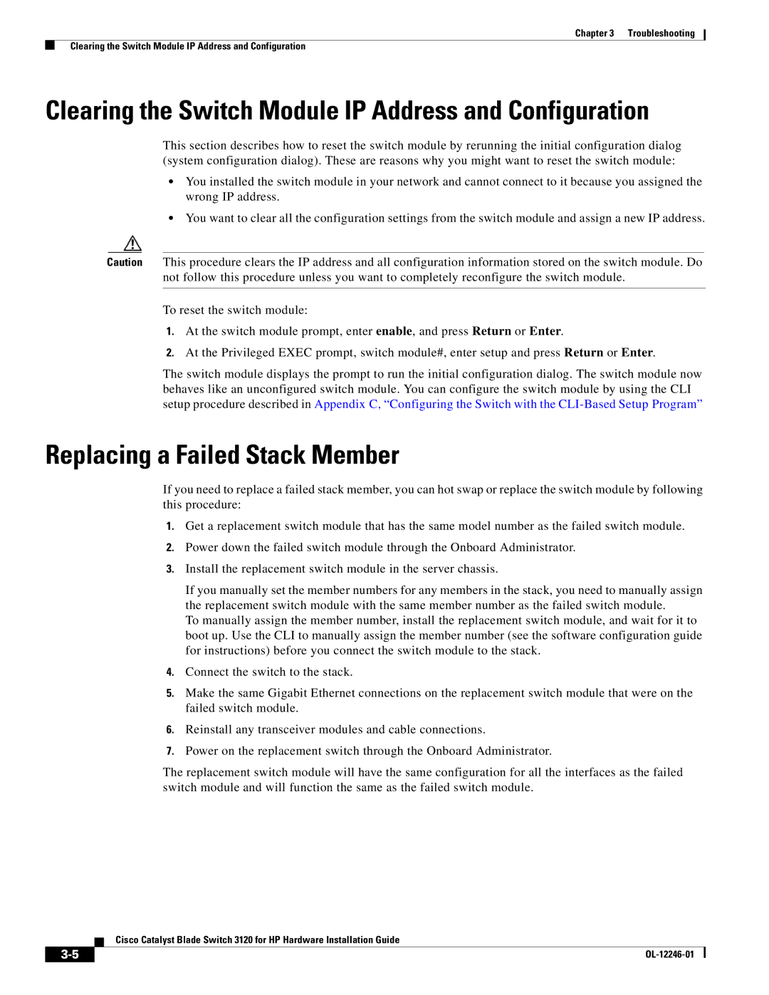 Cisco Systems 3120 manual Replacing a Failed Stack Member, Clearing the Switch Module IP Address and Configuration 