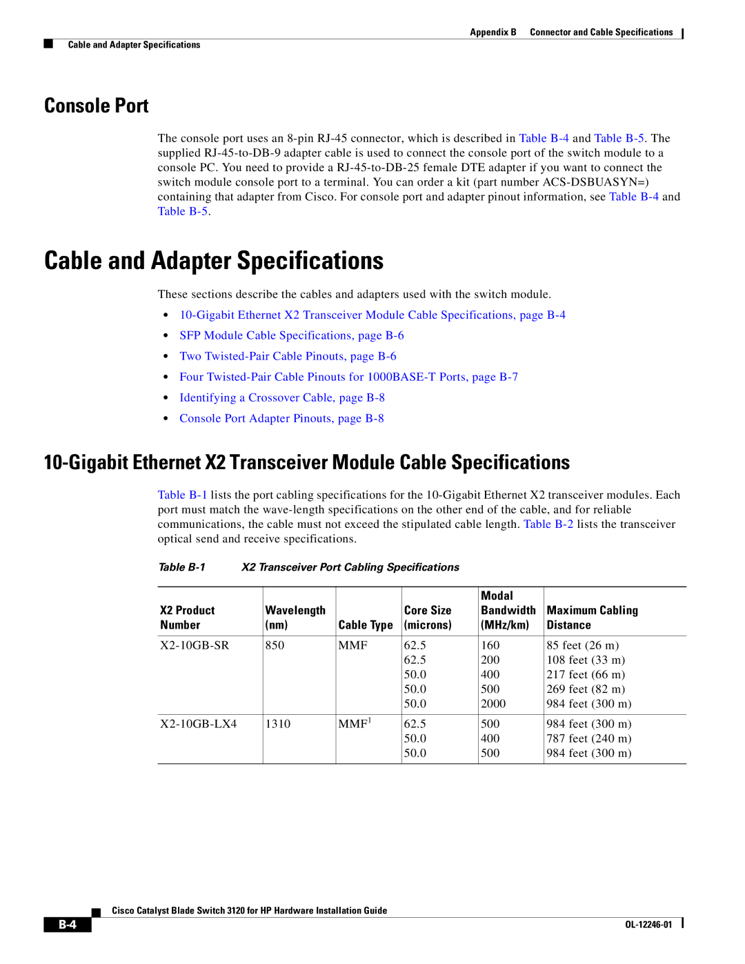 Cisco Systems 3120 manual Cable and Adapter Specifications, Console Port, Microns MHz/km Distance, Mmf 