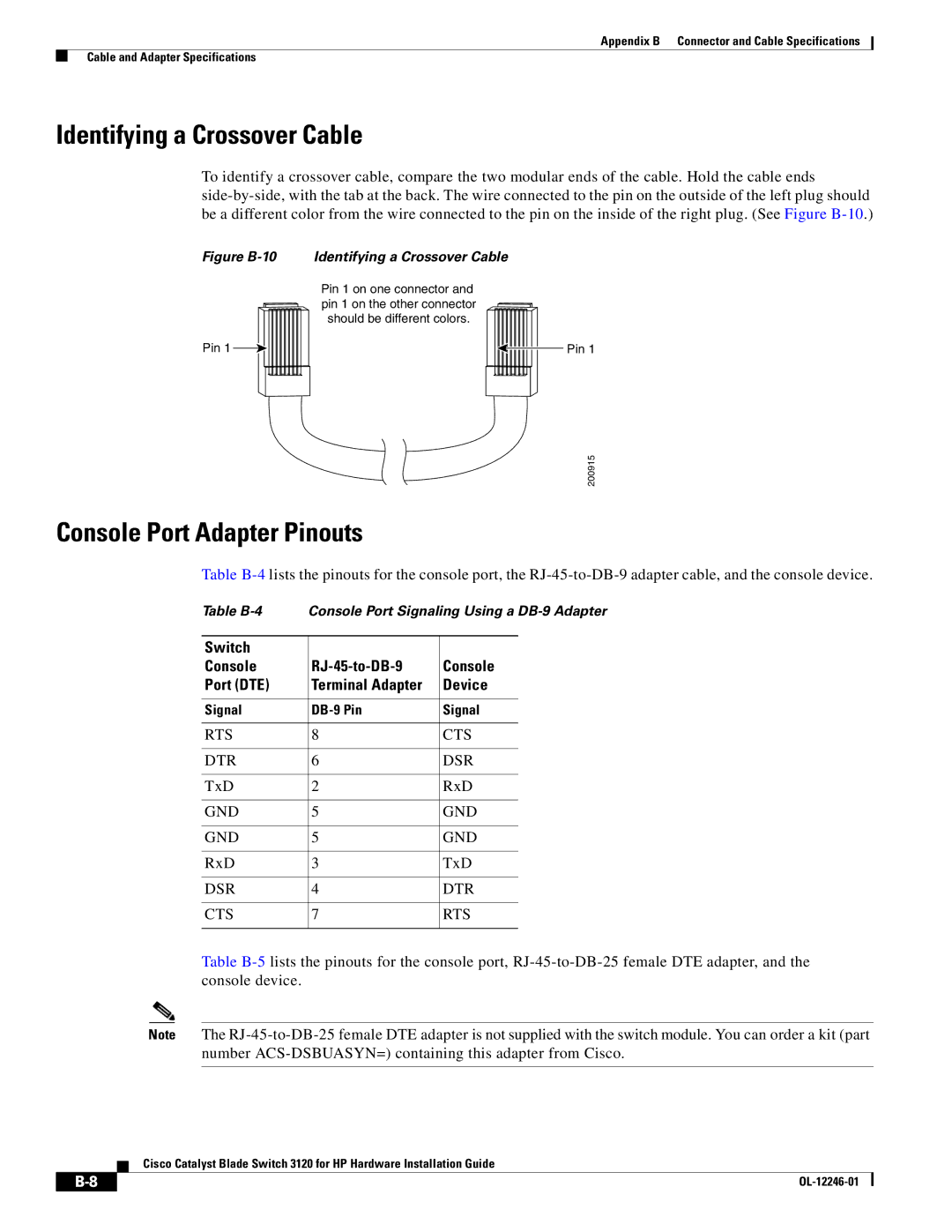 Cisco Systems 3120 Identifying a Crossover Cable, Console Port Adapter Pinouts, Switch Console RJ-45-to-DB-9 Port DTE 