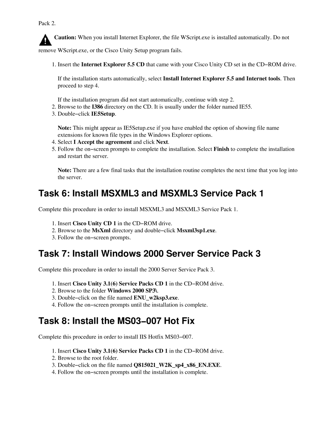 Cisco Systems 3.1(6) Task 6 Install MSXML3 and MSXML3 Service Pack, Task 7 Install Windows 2000 Server Service Pack 