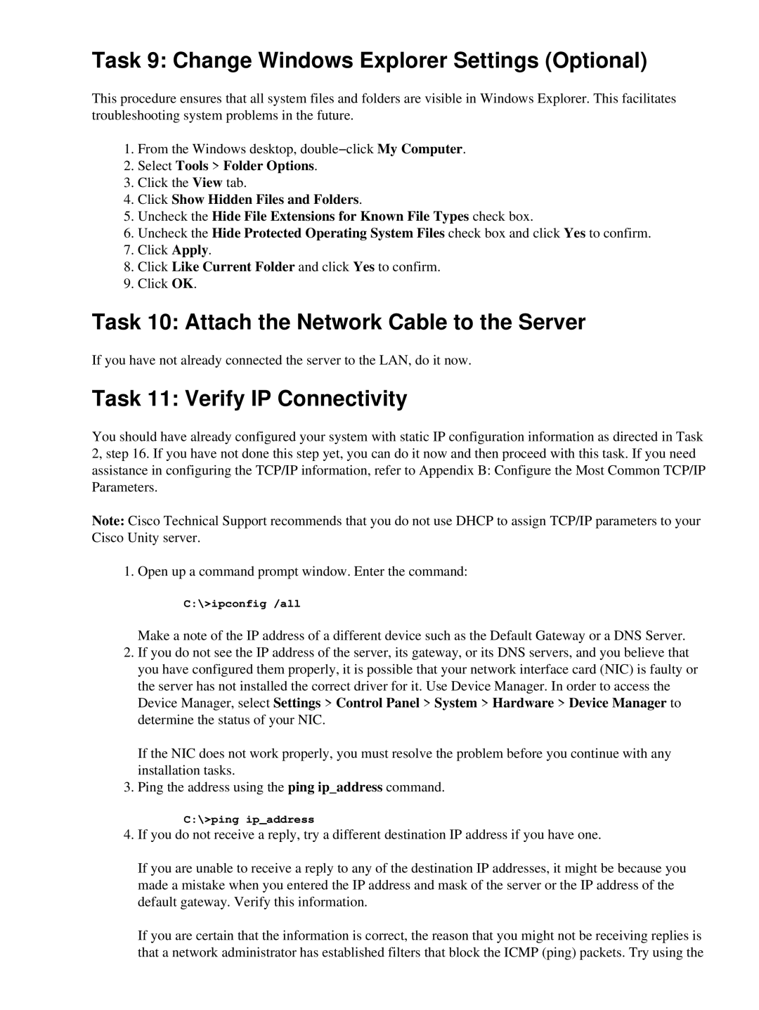 Cisco Systems 3.1(6) Task 9 Change Windows Explorer Settings Optional, Task 10 Attach the Network Cable to the Server 