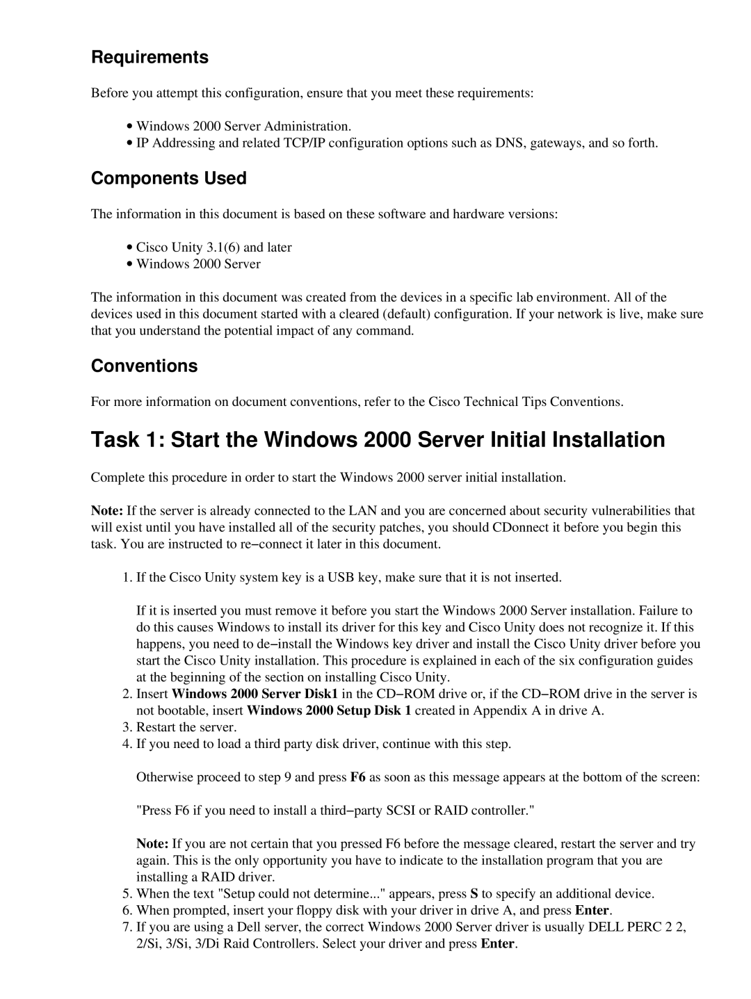 Cisco Systems 3.1(6) appendix Task 1 Start the Windows 2000 Server Initial Installation, Requirements 