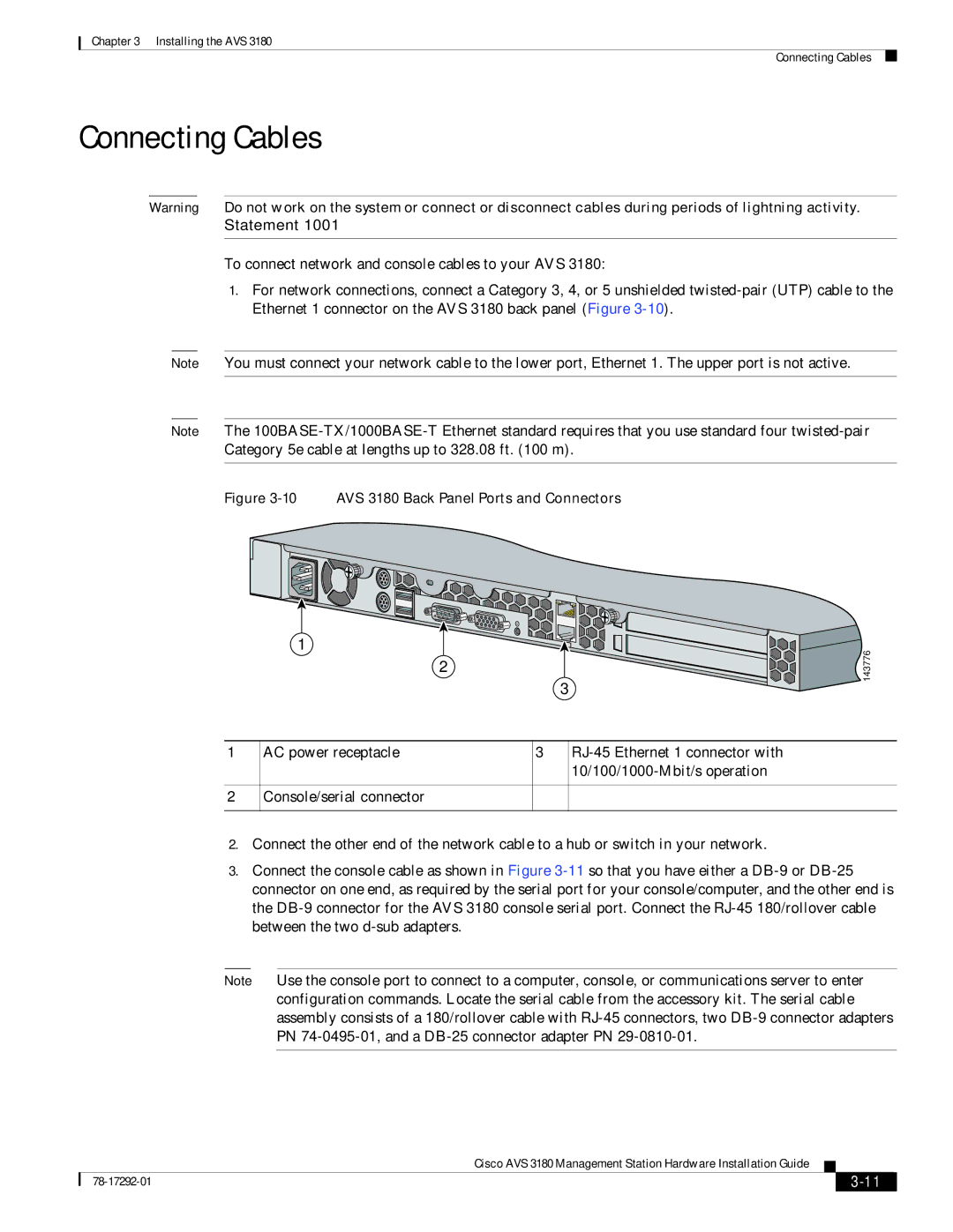 Cisco Systems installation instructions Connecting Cables, AVS 3180 Back Panel Ports and Connectors 