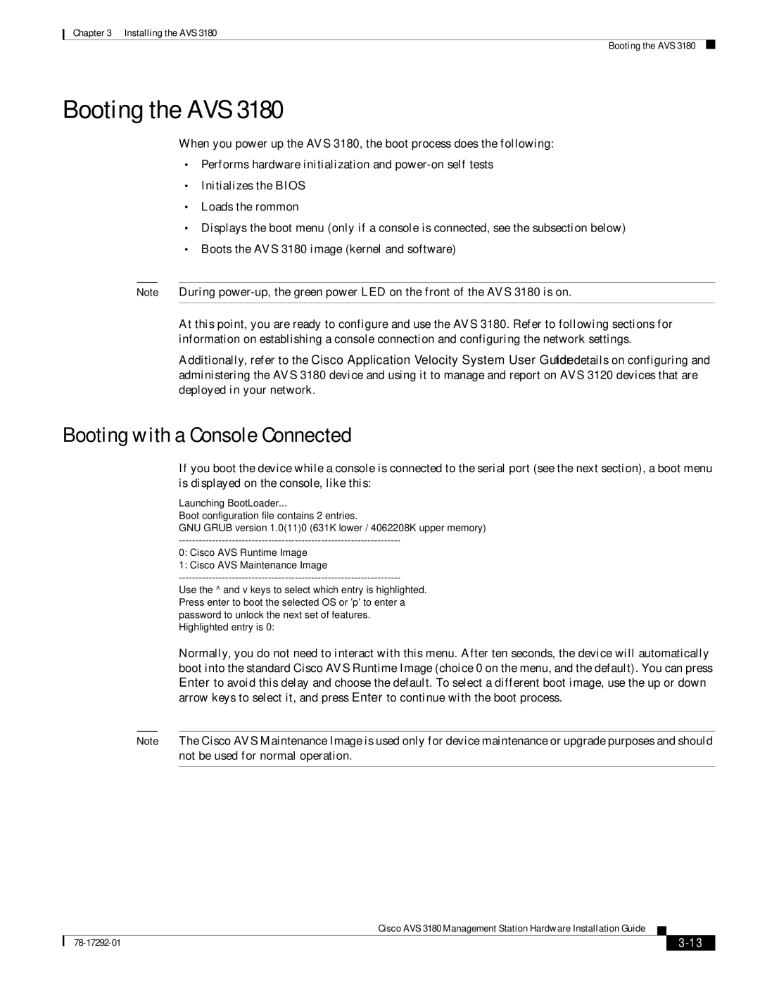 Cisco Systems 3180 installation instructions Booting the AVS, Booting with a Console Connected 