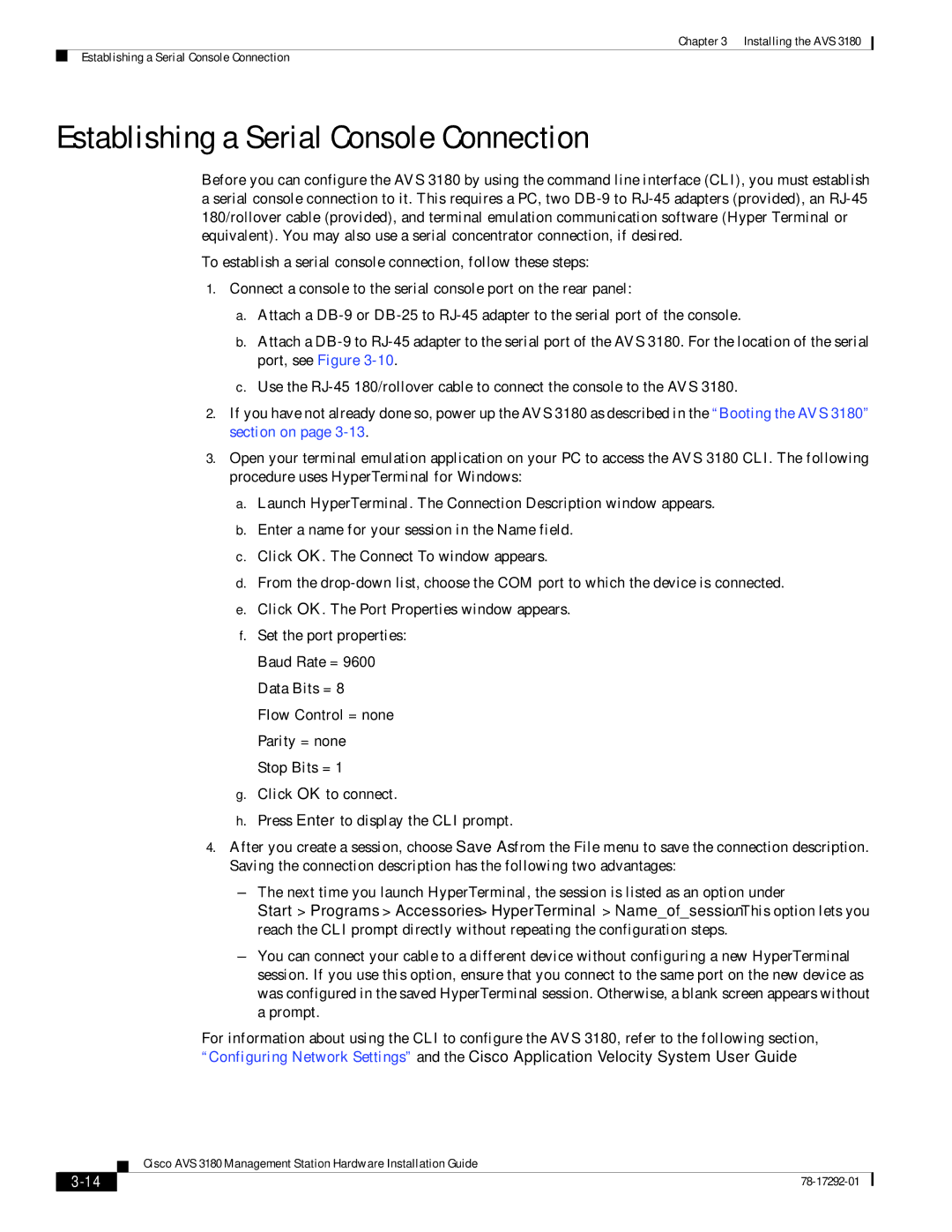 Cisco Systems 3180 installation instructions Establishing a Serial Console Connection 