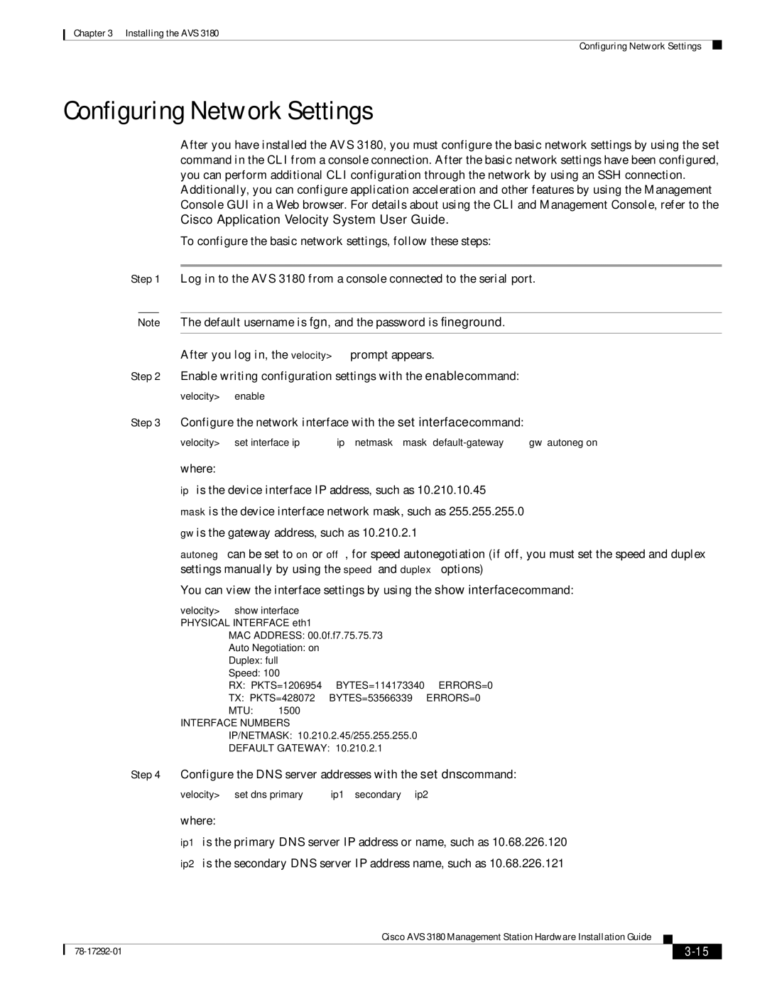 Cisco Systems 3180 installation instructions Configuring Network Settings, Velocityshow interface 